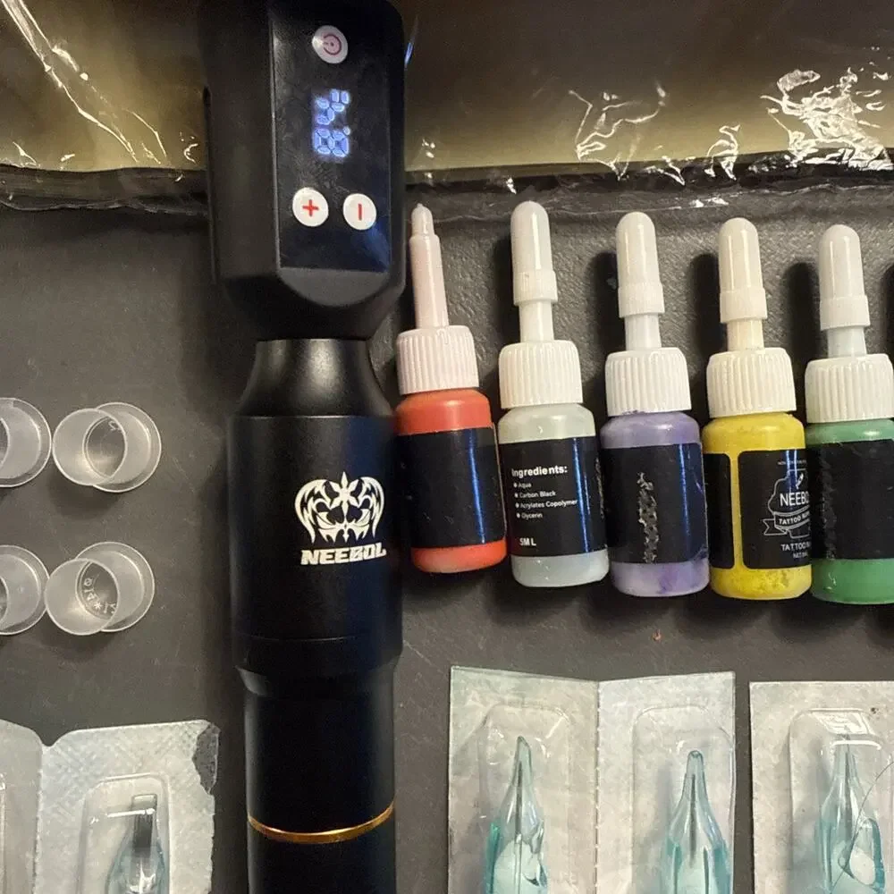 Complete Neebol Rotary Tattoo Pen Kit Machine Inks Cartridge Needles Set